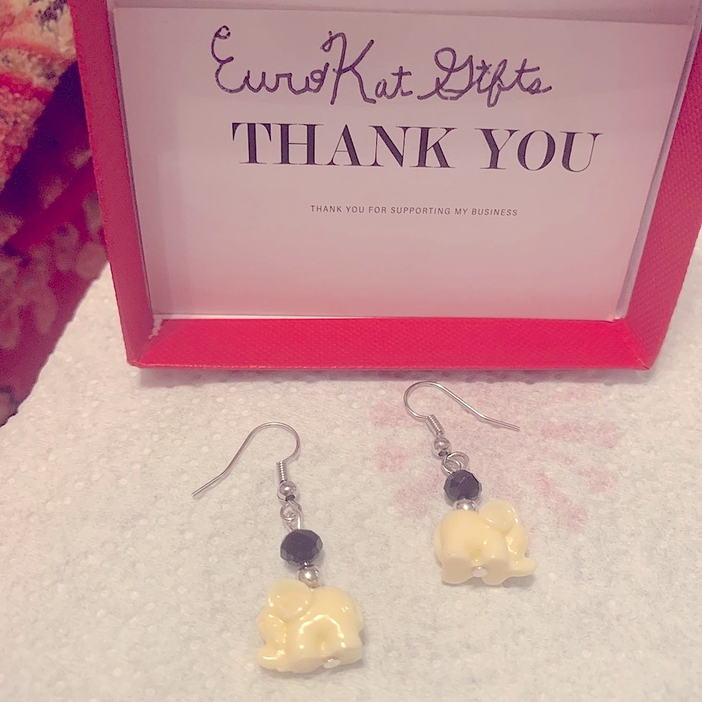 IVORY Elephant Earrings Black bead  stainless earwires Animal Handmade NEW NWT